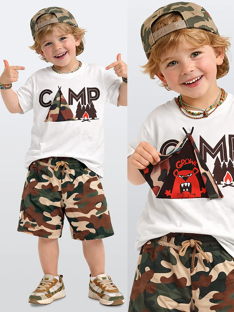 دينوكيدس طقم أولاد تي شيرت وشورت بطبعة تخييم تفاعلية